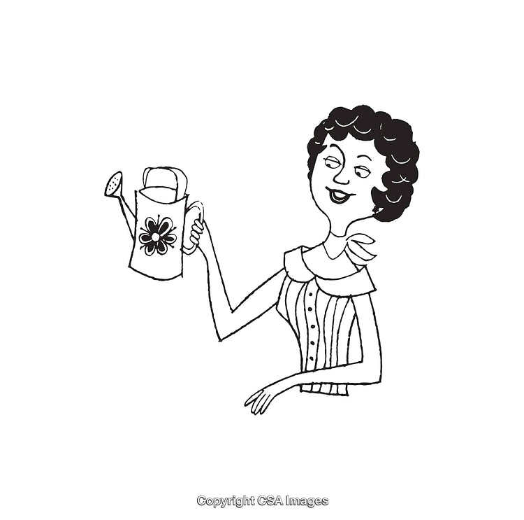 Black And White Illustration of a Woman Holding a Watering Can