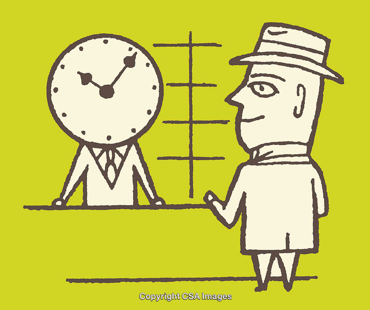 Whimsical Illustration of a Clock-Headed Figure Meeting a Hat-Wearing Gentleman