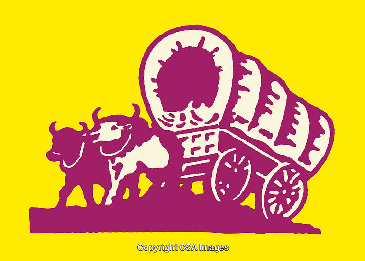 Color Illustration of Oxen Pulling Covered Wagon on Yellow Background