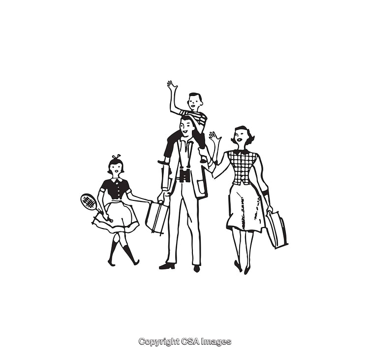 Retro Family Traveling Together with Luggage in Black and White Illustration