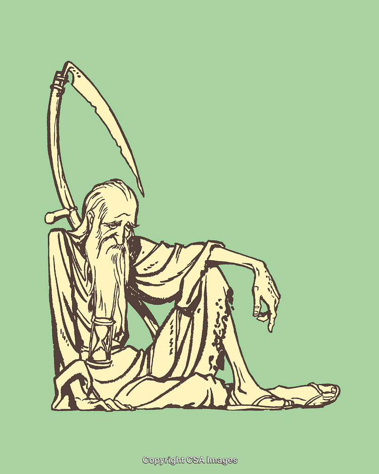 Detailed Line Art Illustration of an Elderly Figure with Hourglass and Scythe