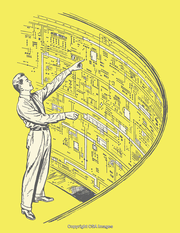Retro Futuristic Illustration of a Man with Technological Circuit Interface