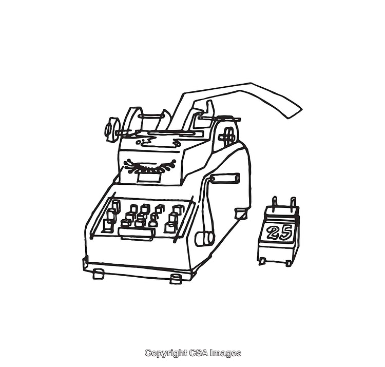 Illustration of a Mechanical Device and Calendar in Black and White Line Art