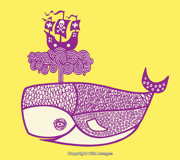 Colorful Abstract Line Art Illustration Featuring Whale and Pirate Ship