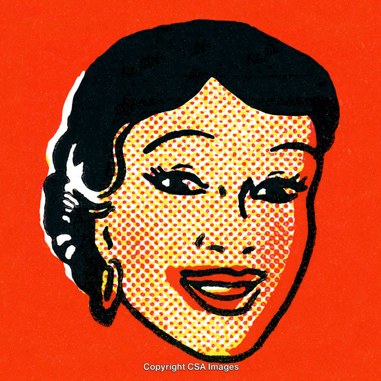 Pop Art Illustration of a Smiling Woman on Bold Red Background