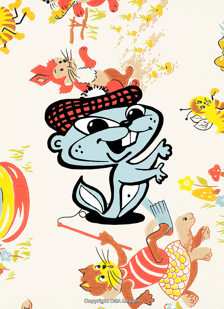 Colorful Illustrated Animals with a Blue Cartoon Character in a Whimsical Scene