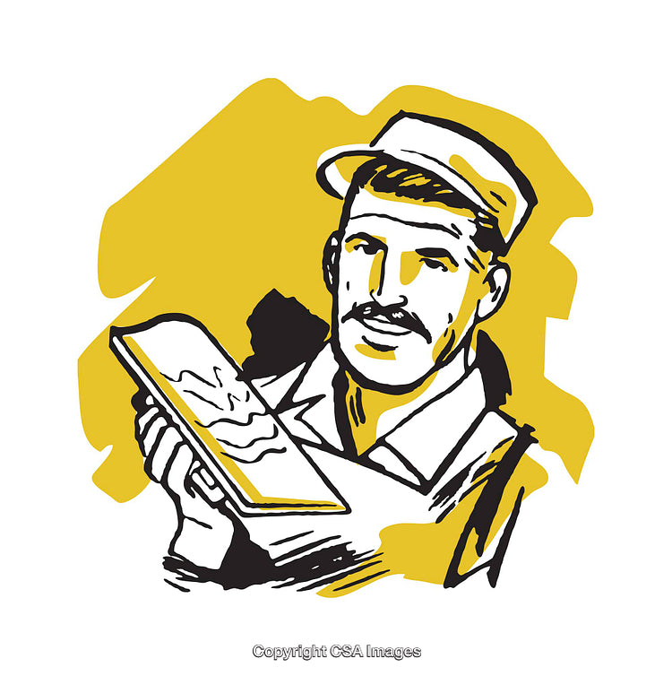 Vintage Illustration of a Worker Holding a Detailed Blueprint