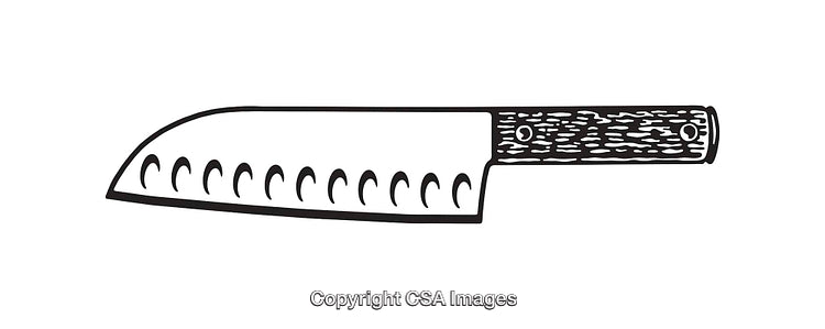 Black and White Illustration of Santoku Knife with Wooden Handle