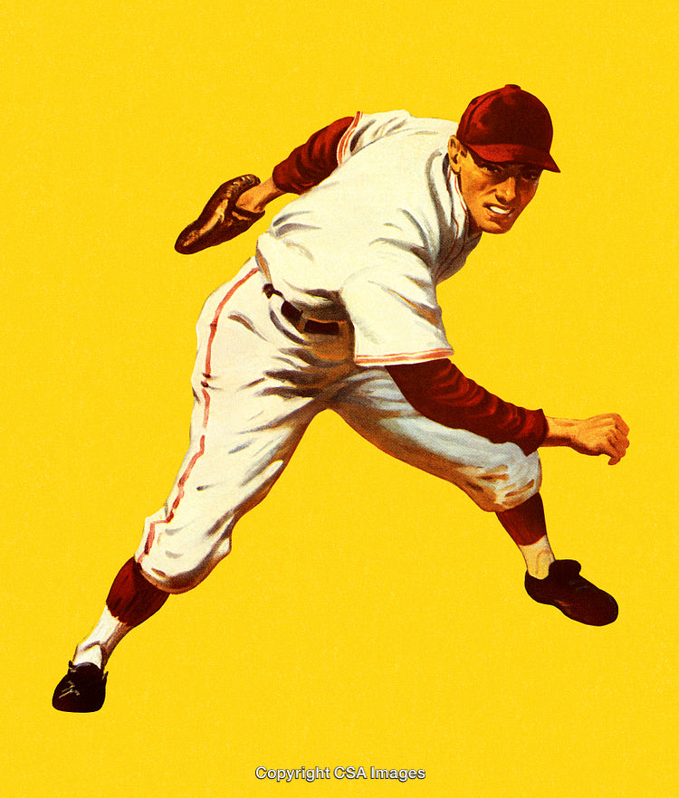 Vintage Illustration of a Baseball Player Pitching Against Yellow Background