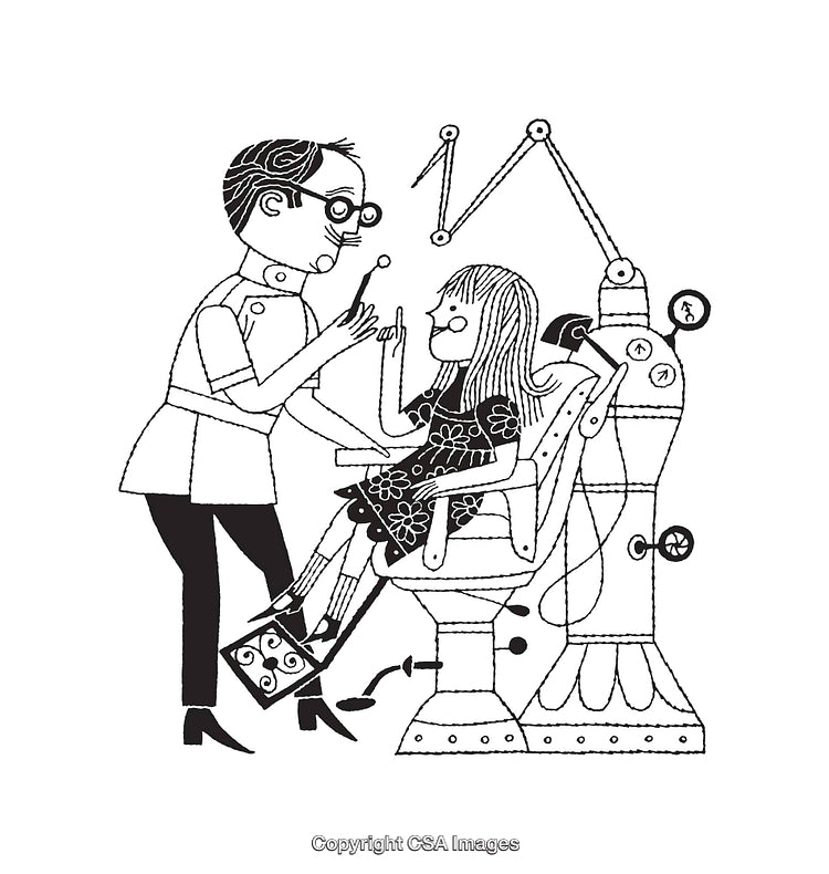 Black and White Line Art of a Dentist and Child at a Clinic