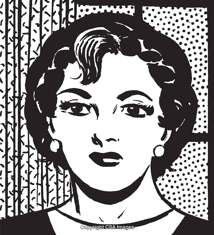 Vintage Black and White Illustration of a Woman's Portrait in Pop Art Style