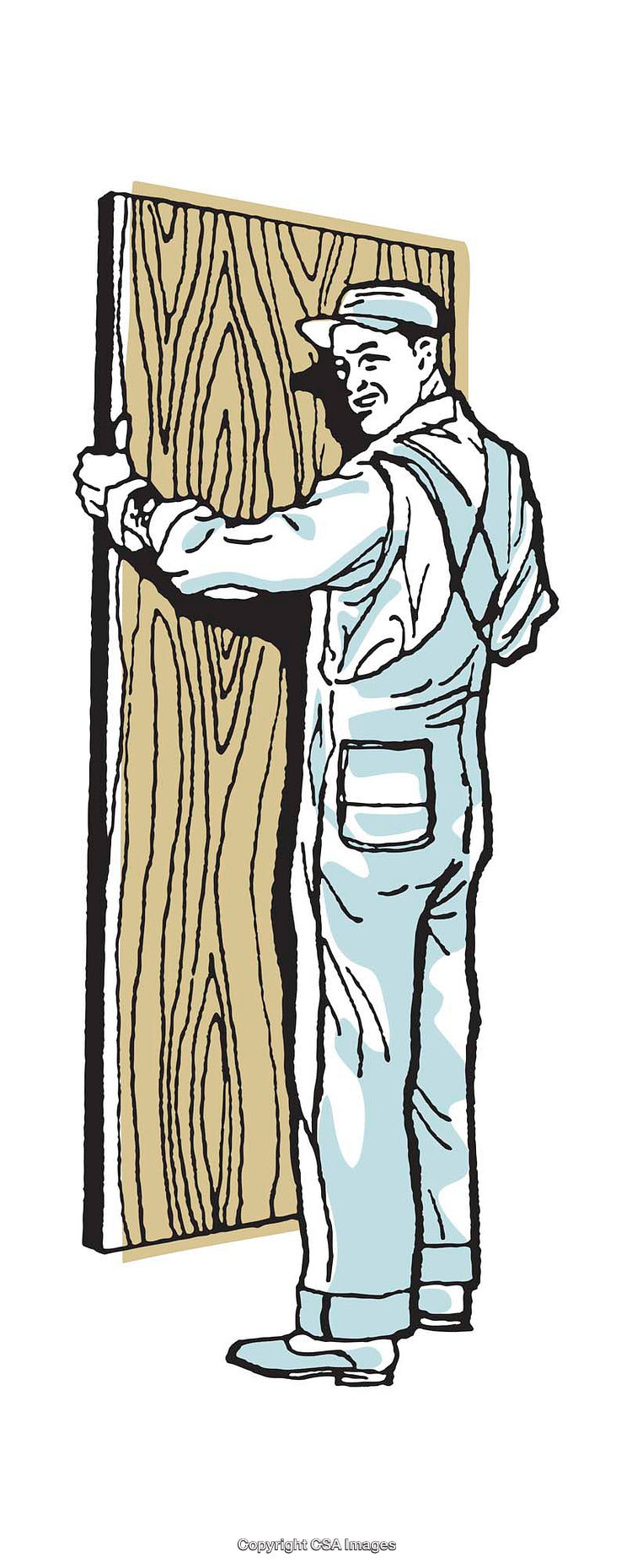 Vintage Illustration of a Carpenter Holding a Wooden Panel in Overalls