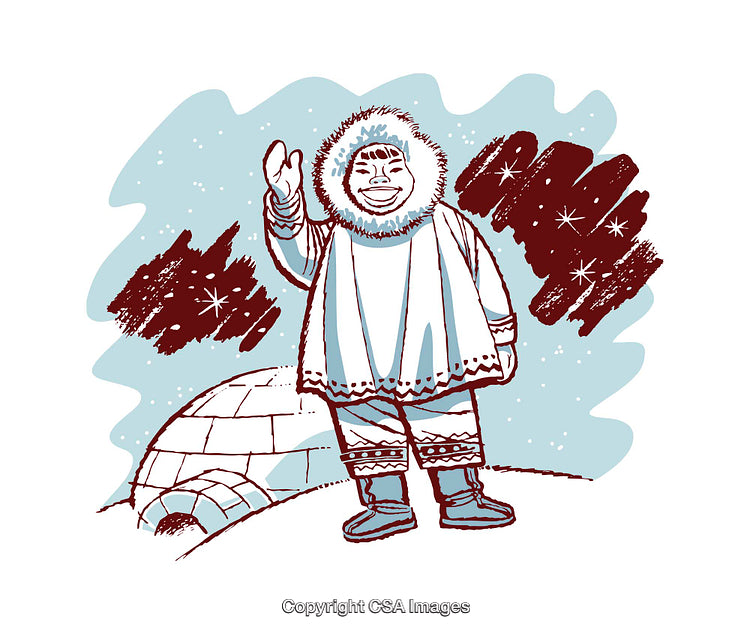 Illustration of a Smiling Inuit Individual Waving Beside a Traditional Igloo