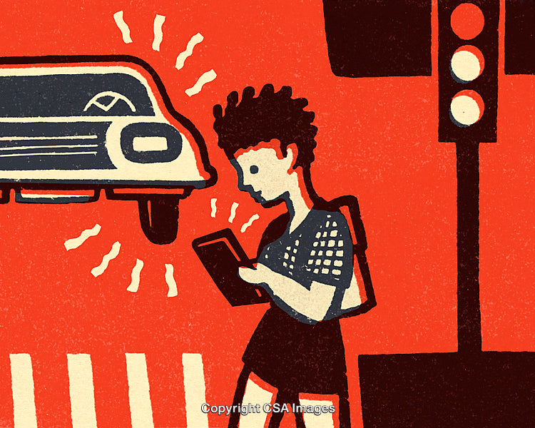 Pedestrian Using Phone at Red Light Crosswalk in Illustrated Style