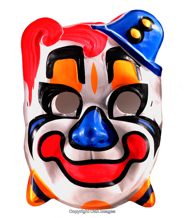 Colorful Clown Mask with Bold Features on White Background