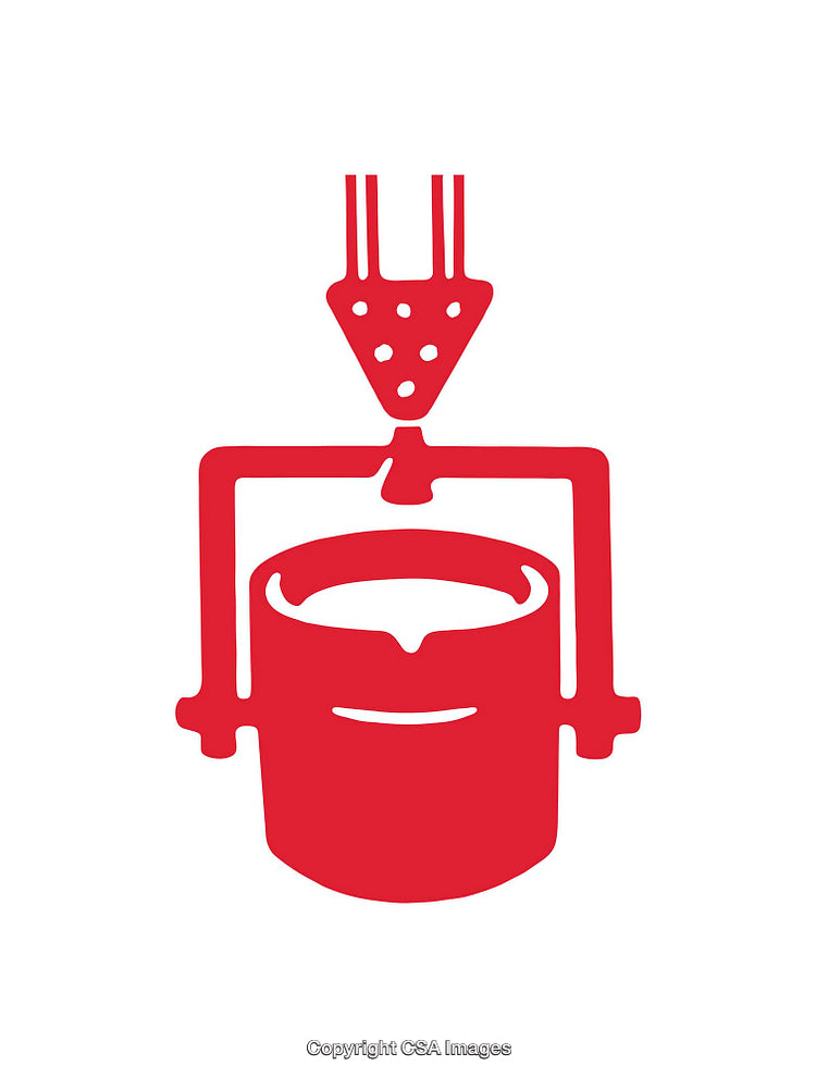 Red Icon Depicting a Metal Casting Process in Abstract Stylized Design