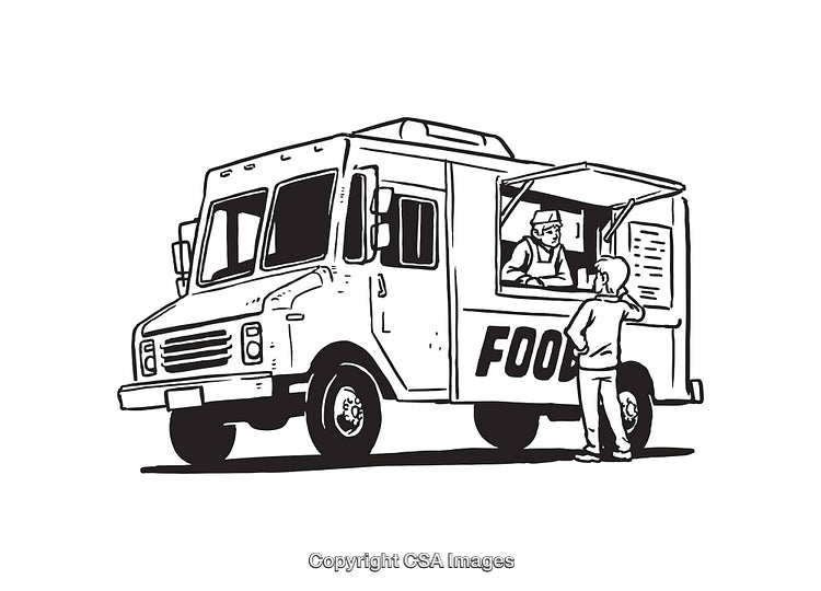 Black And White Line Art Of Food Truck Serving Customers