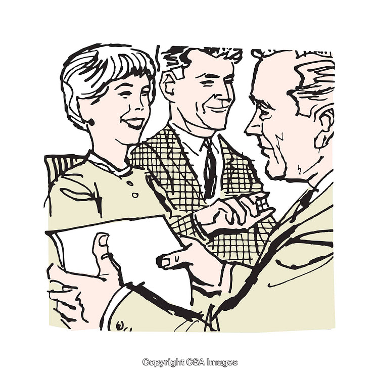 Retro Illustration of Group Smiling and Sharing Documents in Office