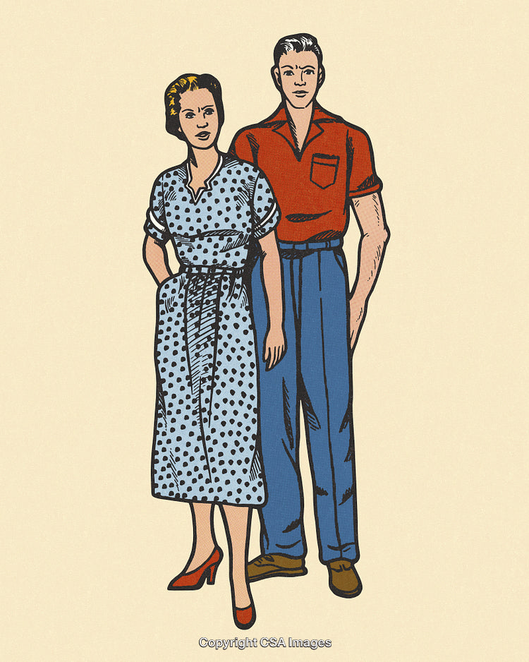 Retro Illustration of a Couple Standing Together in Vintage Attire