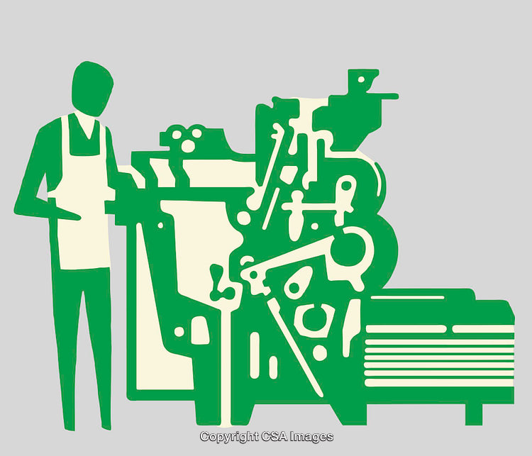 Line Art Illustration of a Worker with a Printing Press Machine