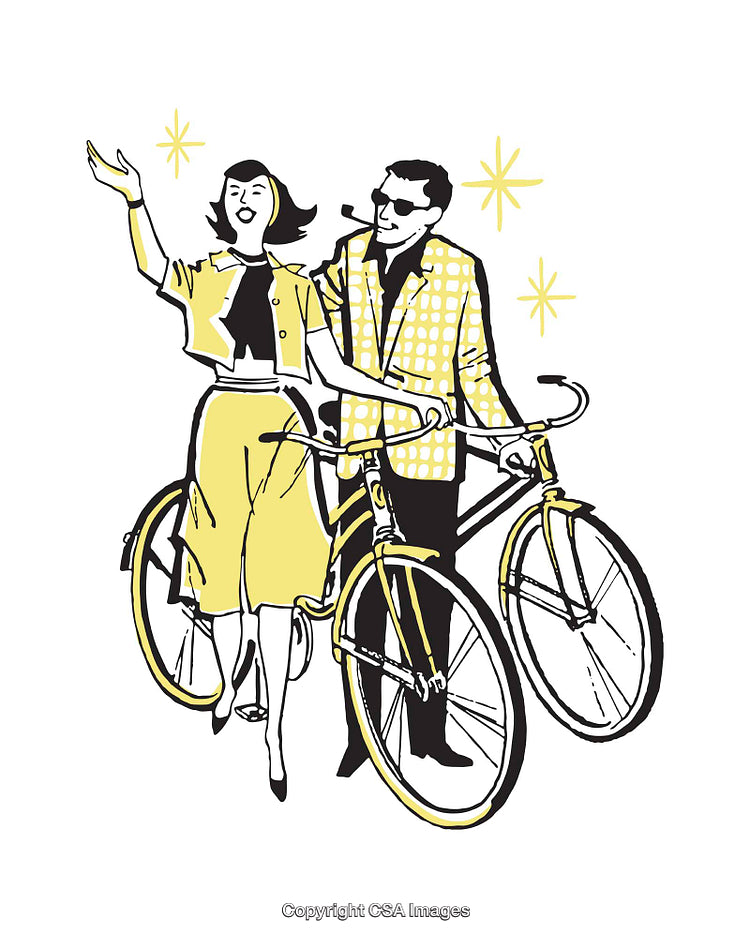 Stylized Retro Illustration of a Couple with Bicycles and Stars