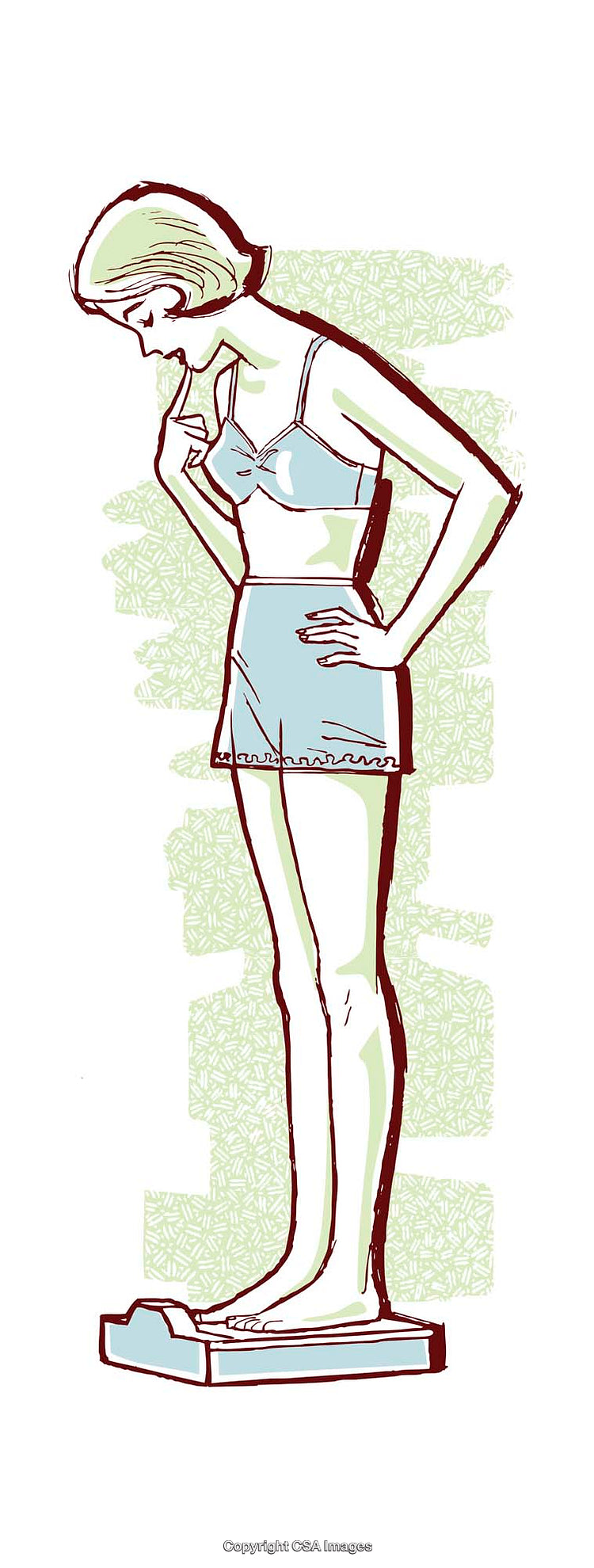 Illustration of a Woman Checking Weight on a Scale in Retro Style