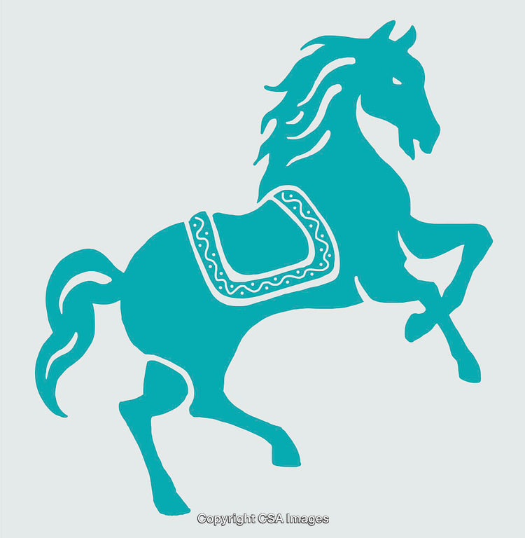 Turquoise Horse Silhouette with Artistic Saddle Design in Line Art Style