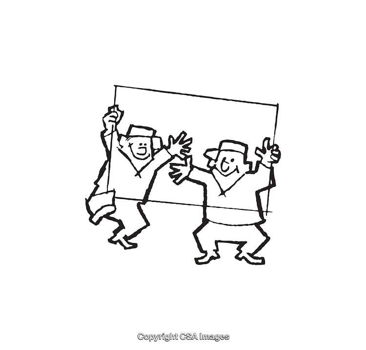 Cheerful Friends Holding Banner in Black and White Line Art
