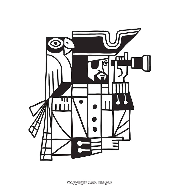 Black and White Pirate Illustration Featuring Parrot and Spyglass