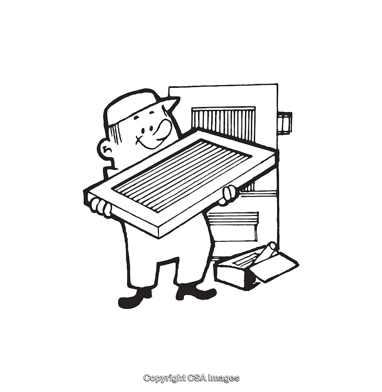 Black and White Line Art of Worker Holding Air Filter