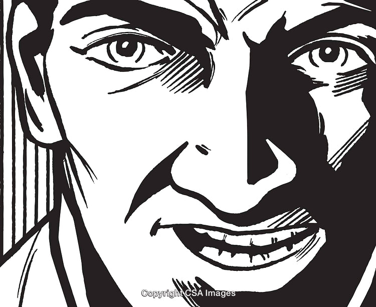 Black and White Illustration of a Serious Man's Face in Comic Style
