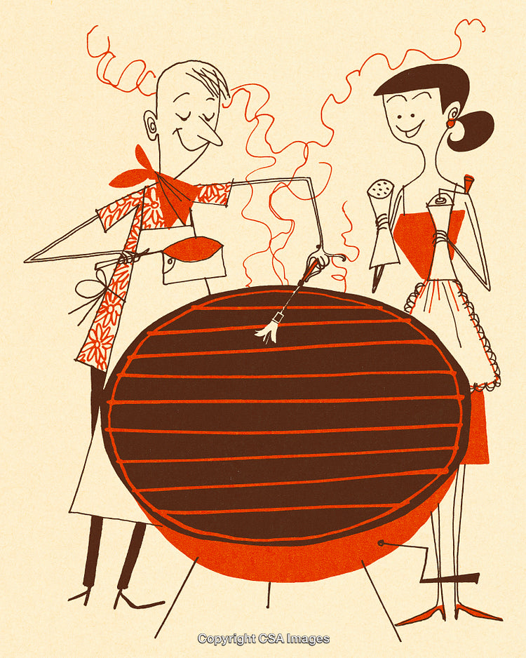 Retro Illustration of a Couple Grilling Food in a Barbecue Setting