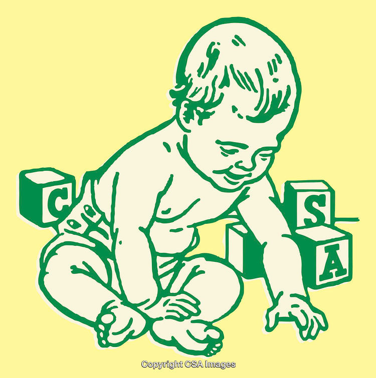 Charming Line Art Illustration of a Baby with Alphabet Blocks