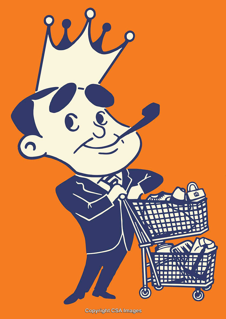 Retro Cartoon Businessman with Crown and Shopping Cart Illustration