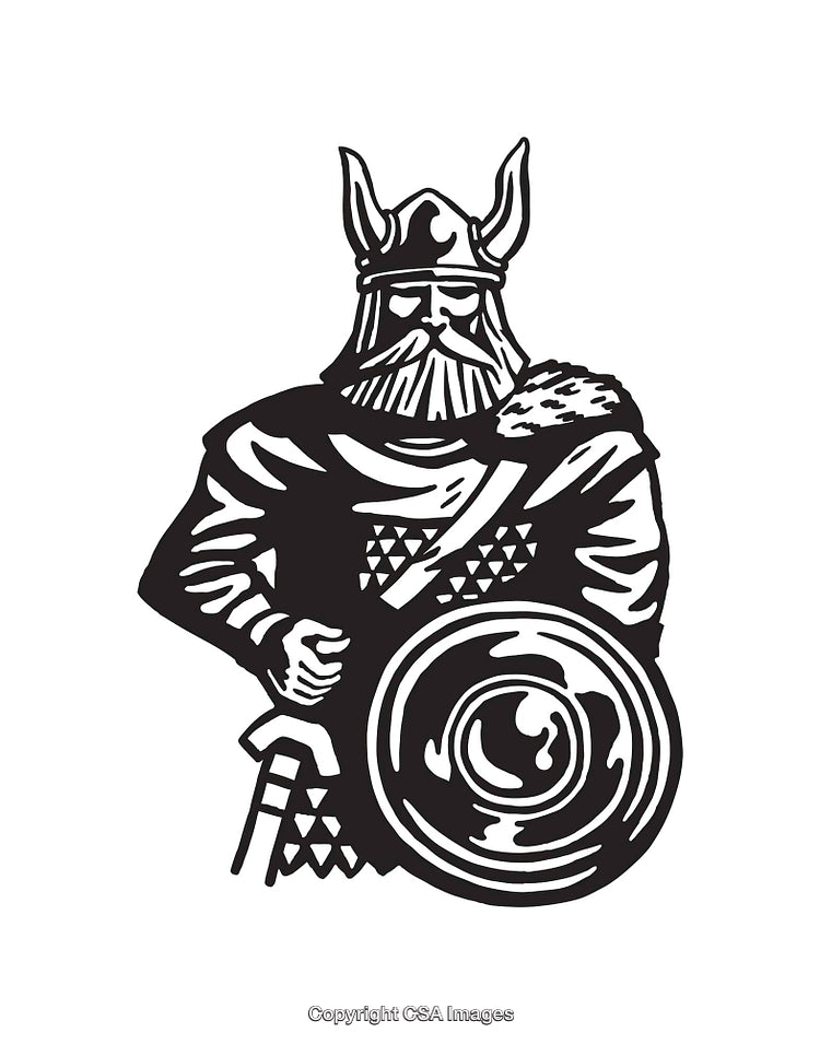 Black and White Viking Illustration Featuring Warrior with Shield and Helmet