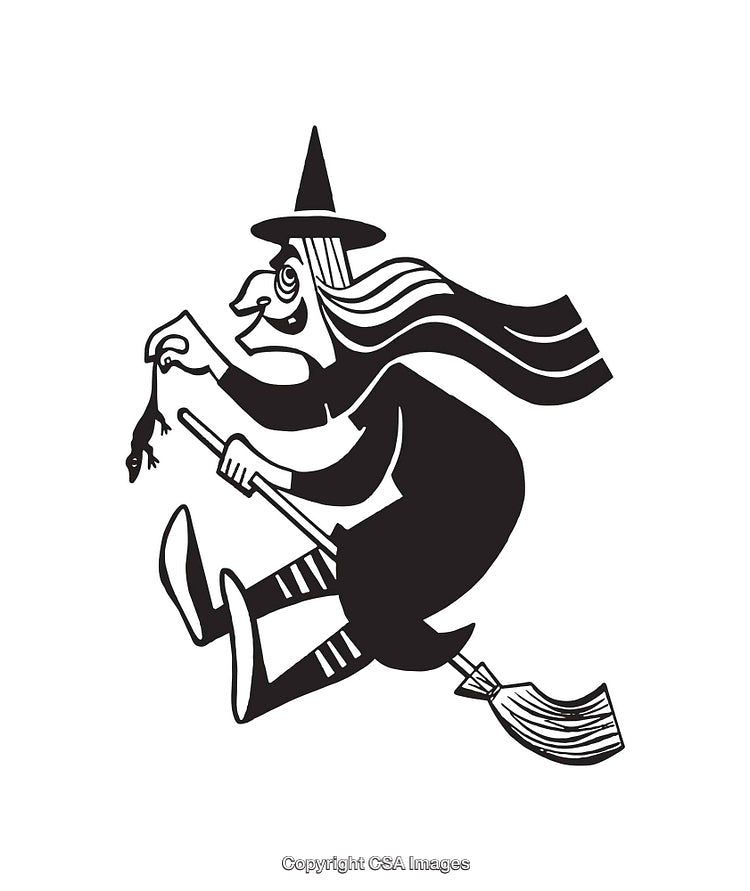 Black and White Witch Illustration with a Broomstick and a Small Frog
