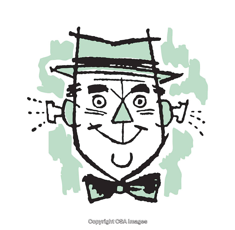 Whimsical Illustration of a Smiling Man in Green and Black Details