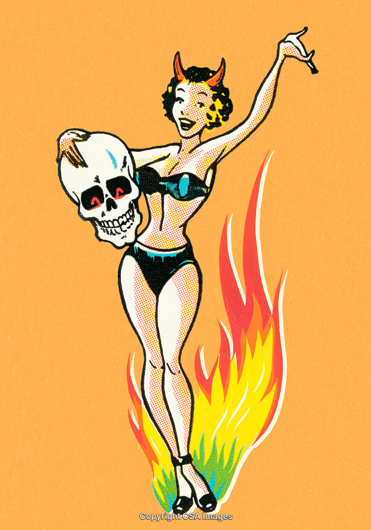 Retro Style Illustration of a Cartoon Woman With a Skull and Flames