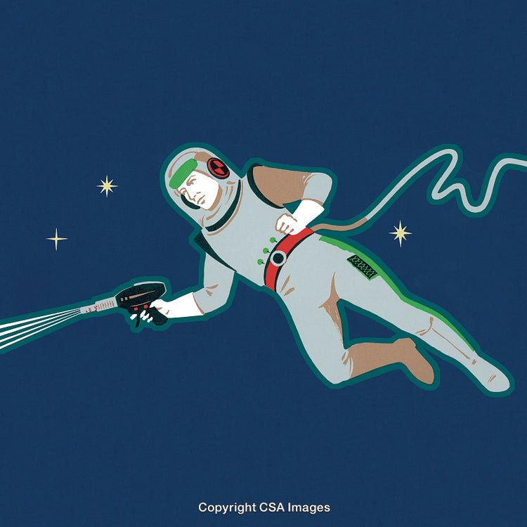 Retro Space Explorer in Astronaut Suit With Laser Gun in Outer Space