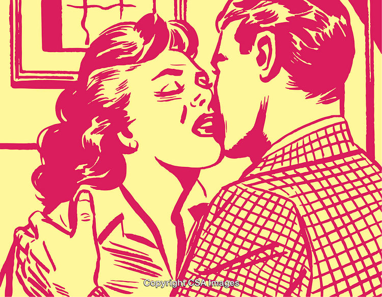 Retro Style Couple Sharing an Intimate Romantic Kiss in Pop Art Style