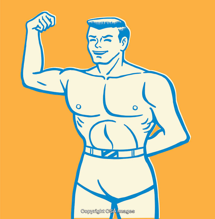 Retro Style Illustration of Muscular Man Posing Against Bright Background