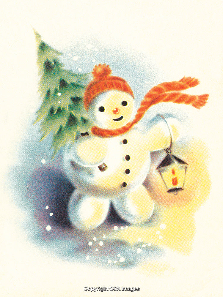 Snowman Holding Lantern With Christmas Tree Amid Snow