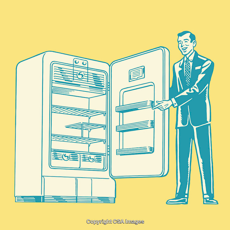 Vintage Style Illustration of a Man Presenting an Open Refrigerator