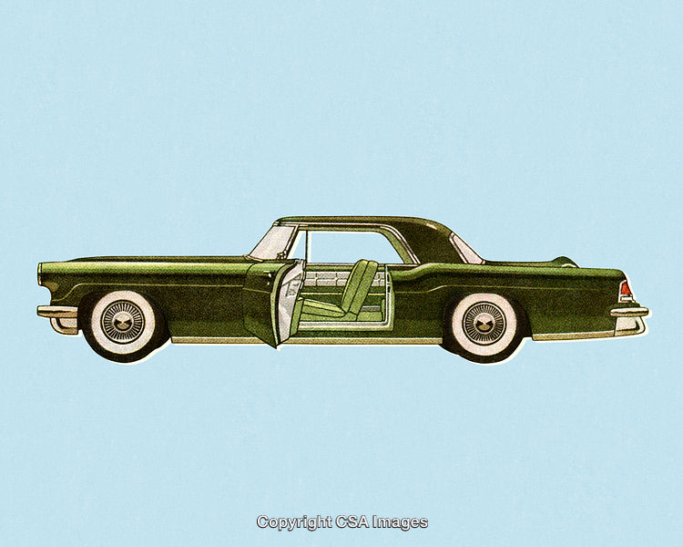 Classic Green Sedan Depicted in Vintage Style with Open Door Design Displayed