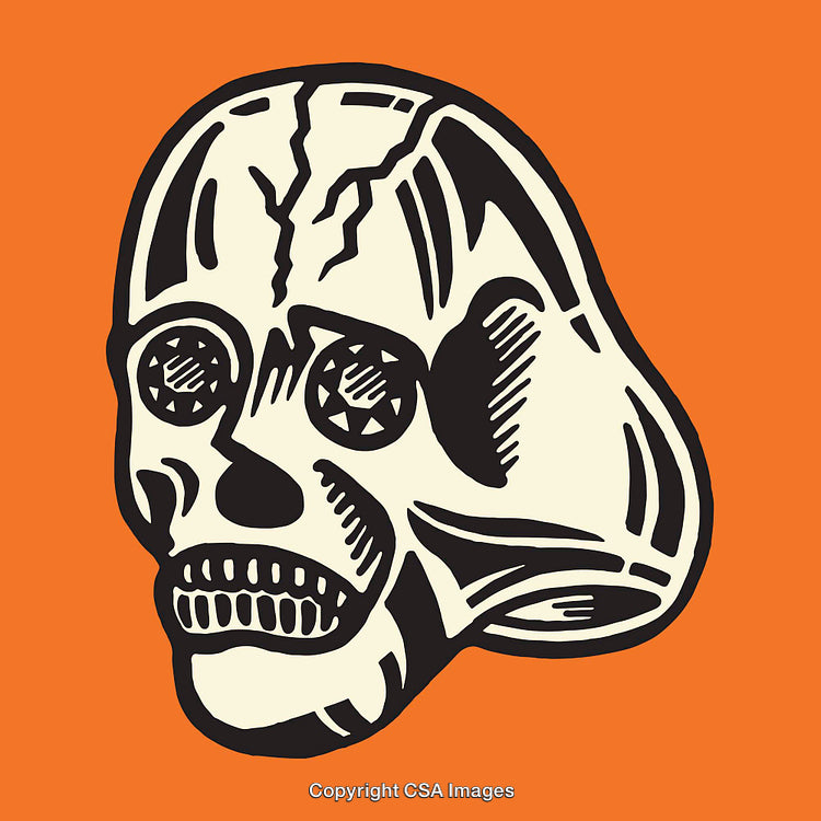 Abstract Cracked Skull Illustration on Bright Orange Background