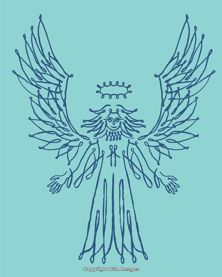 Hand-Drawn Angelic Line Art Illustration with Outstretched Wings on Blue Background