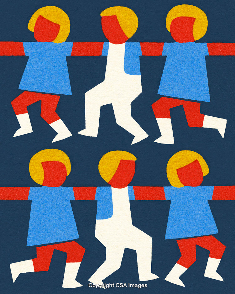 Colorful Abstract Illustration of Figures Interacting in a Repeated Artistic Pattern