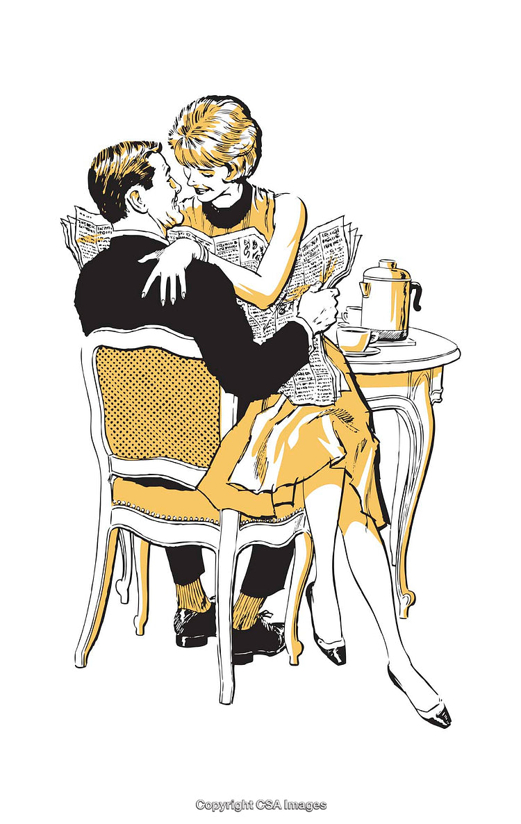 Romantic Couple Reading Newspapers Together in a Vintage Style Illustration