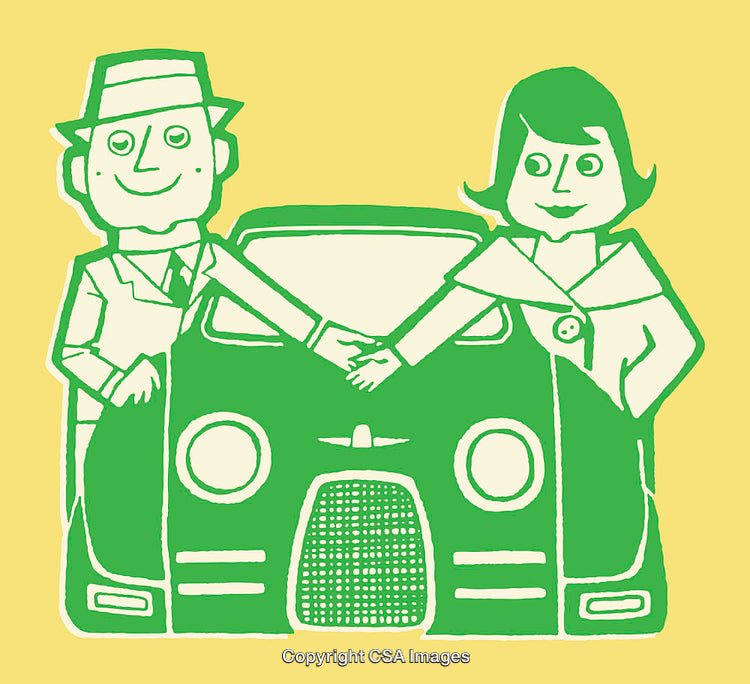 Retro Style Illustration of People Shaking Hands in Front of a Car