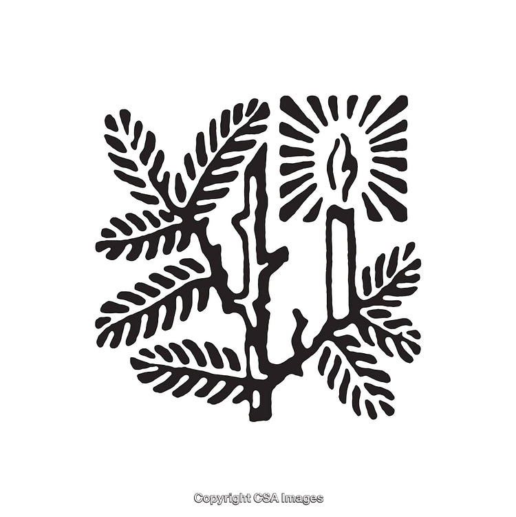 Minimalist Black and White Candle and Pine Branch Line Art Illustration